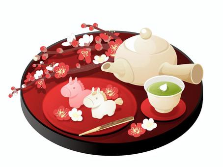 馬の練り切りとお茶 練り切り,緑茶,和菓子,料理,食べ物,飲み物,馬,干支,松,竹のイラスト素材
