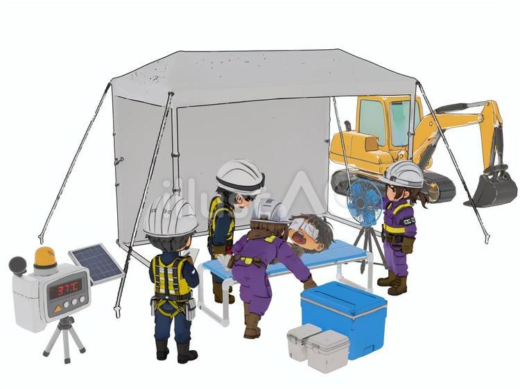 夏の建設土木工事現場で熱中症安全衛生教育 水分補給,暑さ対策,挿絵のイラスト素材