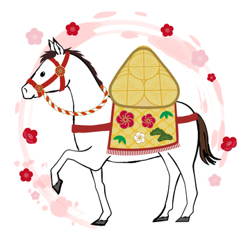 白い飾り馬の年賀用イラスト 馬,午年,午,飾り馬,飾り,年賀状,年賀,年賀素材,筆,筆文字のイラスト素材