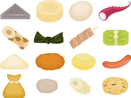 おでん具材セット おでん,具材,こんにゃく,大根,玉子,たこ,ちくわ,昆布,牛すじ,ロールキャベツのイラスト素材