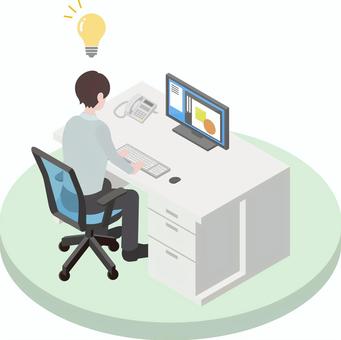 アイソメトリック_働く人①-9 アイソメトリック,オフィス,会社員,閃き,男性,アイデア,オフィスワーク,働く,仕事,アイソメのイラスト素材