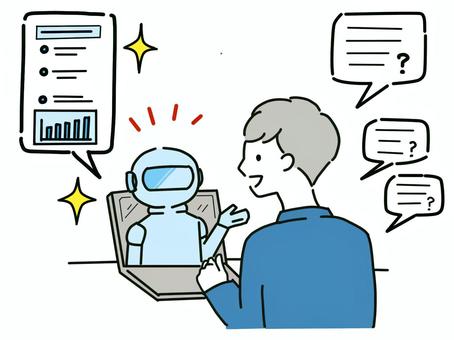 男性会社員の質問を簡潔にまとめるAI　青 男性,男の人,お兄さん,社員,会社,シンプル,笑顔,ニコニコ,仕事,作業のイラスト素材