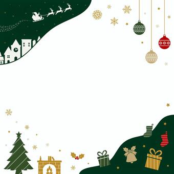 クリスマス飾りと雪の結晶フレーム正方形 クリスマス,フレーム,メッセージ,冬,正方形,スクエア,グリーン,オーナメント,雪,雪の結晶のイラスト素材