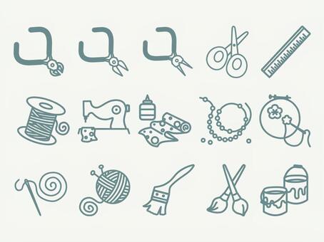 ホビーアイコンセット　緑 hobby,item,趣味,道具,ハンドメイド,刺繡,ミシン,ビーズ,はさみ,定規のイラスト素材