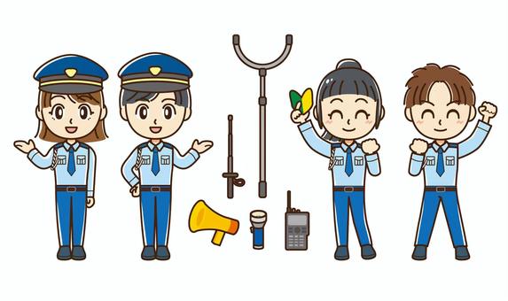 警備スタッフ男女セット2（全身） 警備員,人物,男女,ガードマン,守衛,制服,警備,警棒,さすまた,メガホンのイラスト素材