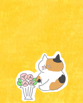 お花を飾る三毛猫ちゃん♪ かわいい,花,お花,フラワー,アレンジメント,飾る,インテリア,葉,葉っぱ,緑のイラスト素材