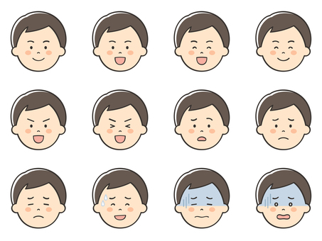 男性のいろいろな表情アイコン02 男性,男,笑顔,嬉しい,楽しい,喜び,楽しみ,ワクワク,困る,不安のイラスト素材