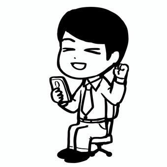 スマホを見て喜ぶ男性社員 白黒 スマホ,スマートフォン,携帯,画面,確認,連絡,通知,ガッツポーズ,歓喜,喜ぶのイラスト素材