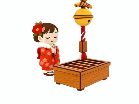 新年成人式初詣お正月の晴着女性の神社参拝 初詣,初もうで,晴着,晴れ着,着物,成人式,年賀状,お正月,正月,可愛いのイラスト素材