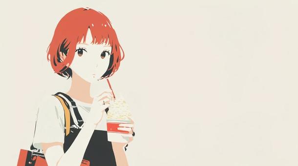 かき氷を食べる赤髪ボブの女の子