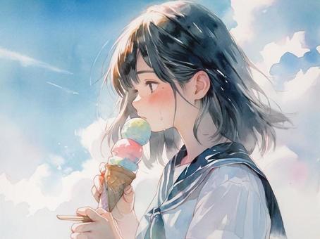 High school girl eating ice cream and summer blue sky watercolor, , JPG