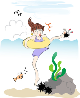 海でウニを踏む女性 女性,海,ウニ,踏む,痛い,怪我,魚,危険,岩場,磯のイラスト素材