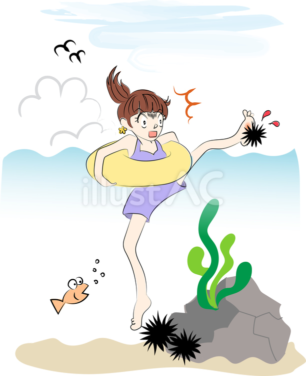 海でウニを踏む女性 女性,海,ウニのイラスト素材