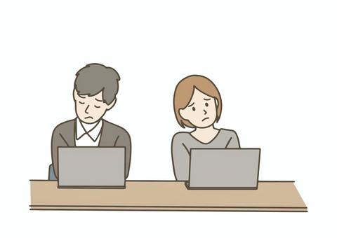 考え込むオフィスカジュアルの男女 ビジネス,会社員,オフィスカジュアル,考える,悩む,困る,デスクワーク,ノートパソコン,ビジネスマン,ビジネスウーマンのイラスト素材