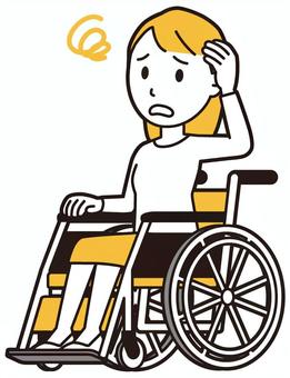  ロングヘア女性(黄)-304-全身 車いす,困った,女性,女の子,人物,かわいい,悩む,考える,心配,不安のイラスト素材