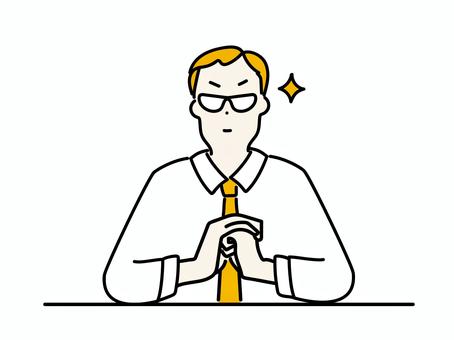手を組む眼光の鋭い男性面接官のイラスト 面接官,面接,サラリーマン,ビジネスマン,オフィス,メガネ,キラキラ,手,光,組むのイラスト素材