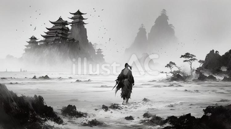 海に向かって立つ武士の後ろ姿の水墨画 武士,侍,刀のイラスト素材