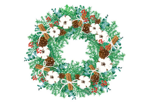 クリスマスナチュラルリース クリスマス,クリスマスリース,ナチュラルリース,クリスマス飾り,松ぼっくり,木の実,赤い実,モミの枝,サツマスギ,コットンフラワーのイラスト素材