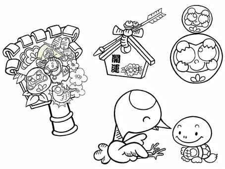 0107 午年 05（熊手・鶴亀）ぬりえ 熊手,絵馬,ダルマ,鶴,亀,ぬりえのイラスト素材