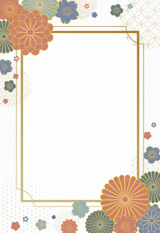 和の花柄の年賀状 縦書き オレンジ,緑,青,花柄,新年,謹賀新年,菊,梅,桜,鹿の子のイラスト素材