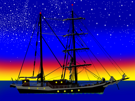 帆船と夕焼け。 帆船,船,海,夕焼け,星空のイラスト素材
