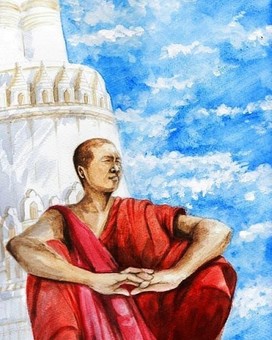 Watercolor painting, Myanmar monk, JPG Watercolor painting, Myanmar monk, practice monk, myanmar, a temple, JPG
