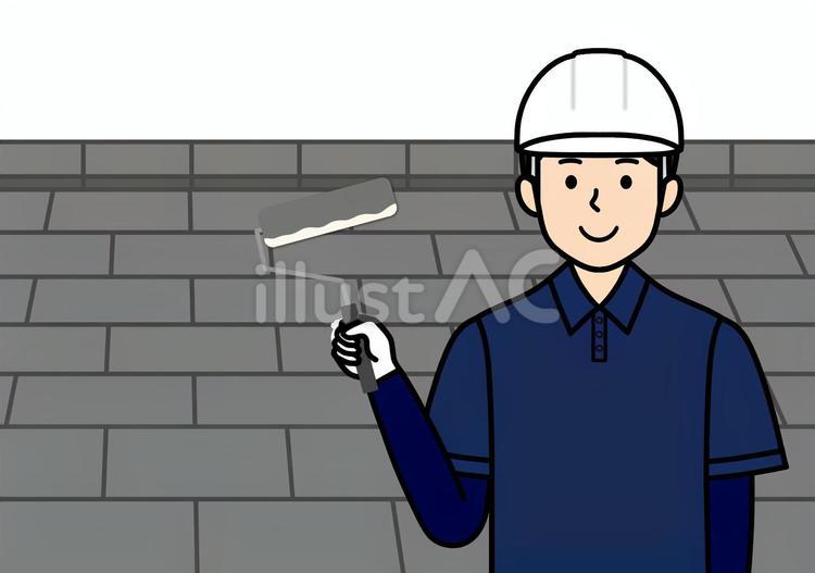 ストレート屋根と屋根塗装職人の男性 塗装工,塗装,ヘルメットのイラスト素材
