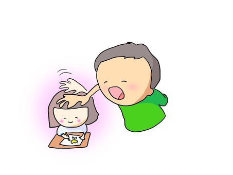 すごいな おかっぱ すごいな おかっぱ 絵,書く,おかっぱ,女の子,お父さん,褒められる,喜ぶ,笑顔のイラスト素材