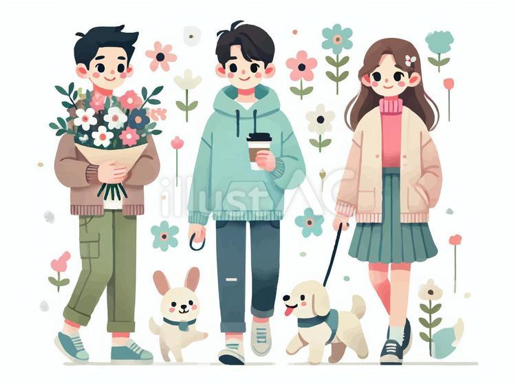 花と犬と過ごす穏やかな日① 男,女,春のイラスト素材