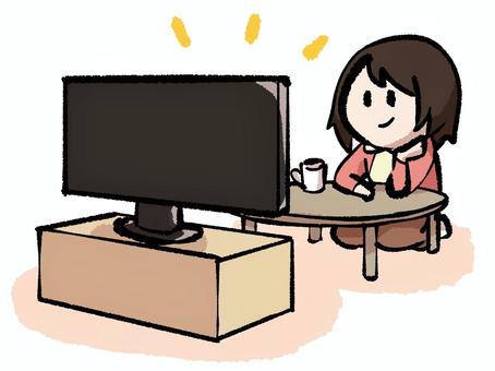 テレビを見る女性のイラスト テレビ,見る,くつろぐ,人,女性のイラスト素材