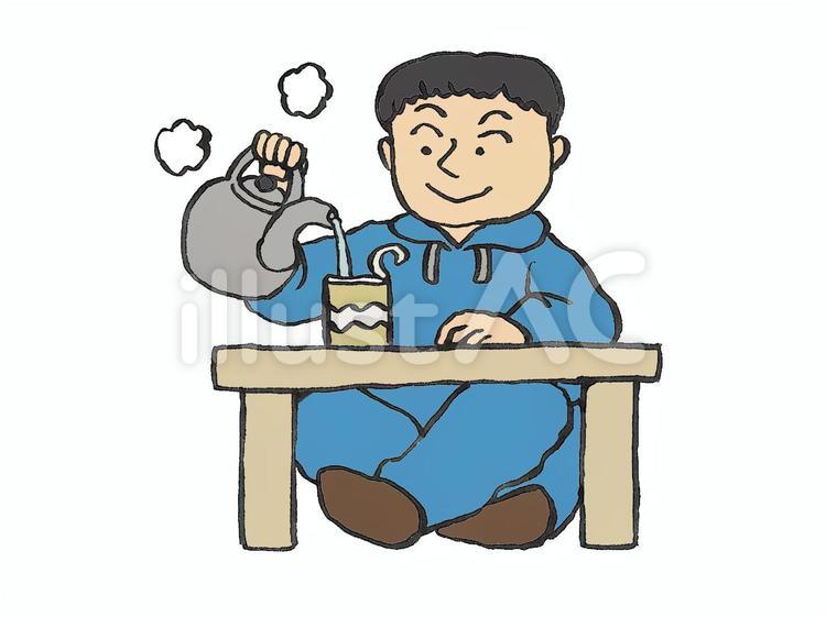 カップ麺にお湯を注ぐ高校生くらいの男の子 カップ麺,インスタント,食事のイラスト素材