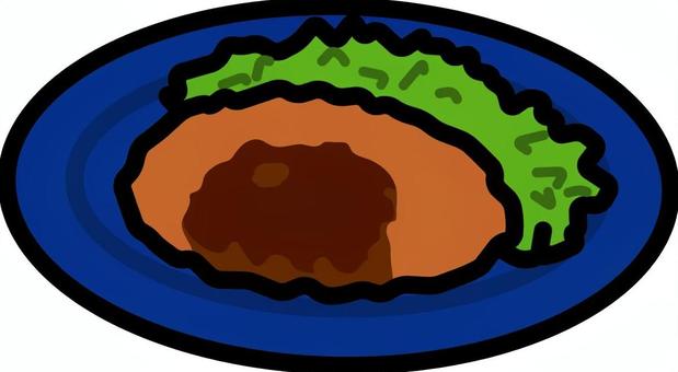 ネイビーの皿のコロッケです。 コロッケ,シンプル,揚げ物,ソース,惣菜,ジャガイモ料理,サクサク,ホクホク,手作り,家庭料理のイラスト素材