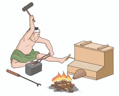 江戸時代　鍛冶職人 鍛冶,ふいご,江戸時代,職人,炭,火,トンカチのイラスト素材