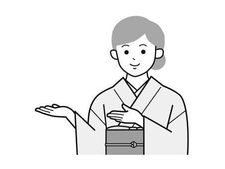 両手でどうぞとする着物女性A左向／白黒 両手,どうぞ,お勧め,女性,お母さん,着物,講師,20代,30代,40代のイラスト素材