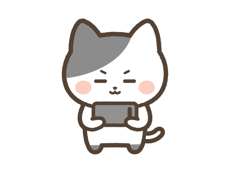 スマホでゲームに熱中するねこ（シチサン） ねこ,スマホ,ゲーム,熱中,ソーシャルゲーム,ソシャゲ,携帯,スマートフォン,日常,表情のイラスト素材