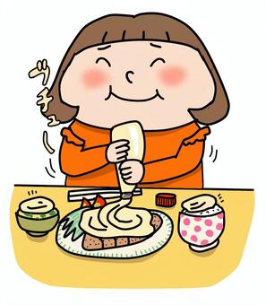 なんでもマヨネーズかける女性 女性,かわいい,ゆるい,手描き,マヨネーズ,マヨラー,丼,大量,嗜好,おいしいのイラスト素材