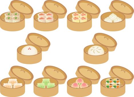 せいろに入った点心セット せいろ,点心,中華料理,しゅうまい,中華まん,小籠包,食べ物,料理,食事,セットのイラスト素材
