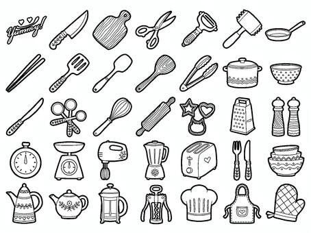 料理のアイコンセット 趣味,料理,包丁,まな板,ハサミ,ピーラー,肉たたき,フライパン,箸,フライ返しのイラスト素材