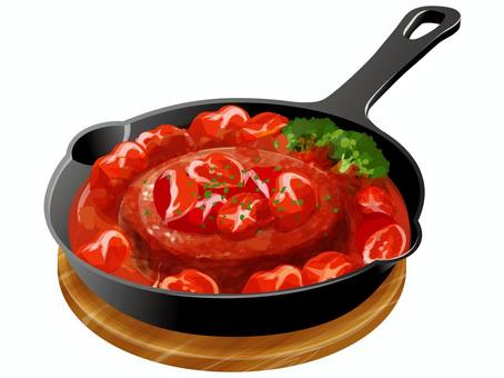 煮込みハンバーグ（スキレット）3 煮込みハンバーグ,ハンバーグ,トマトソース,洋食,料理,食べ物,ひき肉,トマト,ブロッコリー,粉パセリのイラスト素材