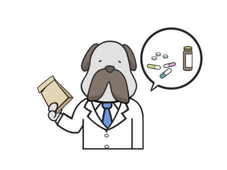 薬の説明をする犬(いぬ)の薬剤師 薬剤師,犬,いぬ,動物,薬,白衣,手描き,ドラックストア,笑顔,病院のイラスト素材