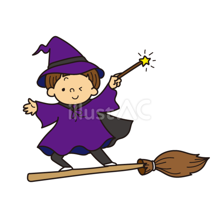 ハロウィン（星のスティック、魔法使いの仮装、ホウキに乗る男の子） ハロウィン,仮装,魔法使いのイラスト素材