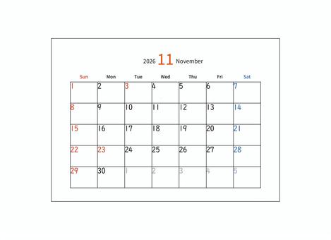 カレンダー　11月　2026 カレンダー,11月,november,2026年,令和8年,月間カレンダー,卓上カレンダー,シンプル,曜日,日付のイラスト素材
