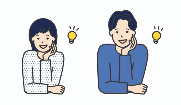 アイデアをひらめいた男女イラスト素材 人物,女性,男性,ひらめく,頬杖,思いつく,いいね,なるほど,そうだ,問題解決のイラスト素材