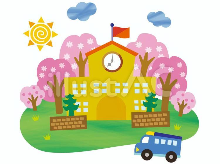 森の学校_桜 森,学校,4月のイラスト素材