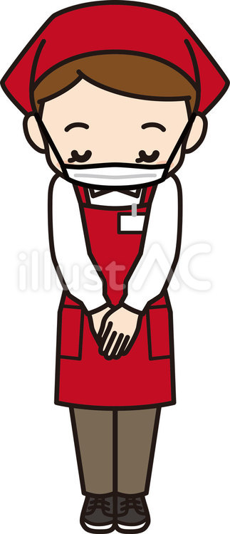 女性店員_赤_お辞儀(マスク) 人物,女性,店員のイラスト素材