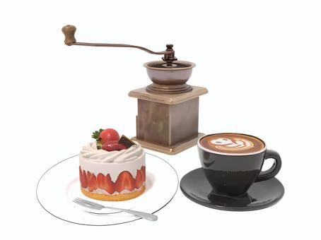 ショートケーキとカフェラテアートコーヒー 喫茶店,ケーキ,ラテアート,コーヒーミル,コーヒー,スイーツ,グルメ,ミル,菓子店,カフェのイラスト素材