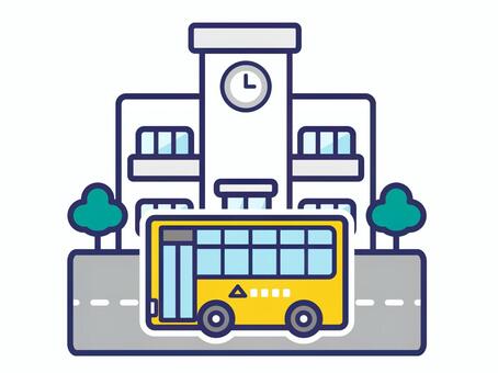vb_09スクールバスと学校 学校,校舎,小学校,バス,スクールバス,送迎バス,乗り物,交通,公共交通,中学校のイラスト素材