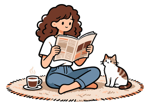 猫と読書する女の子 女の子,猫,コーヒー,読書,リラックス,座る,カーペット,日常,可愛い,室内のイラスト素材