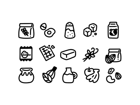 手描きのお菓子作りの材料セット（線画） お菓子,手描き,材料,料理,食品,アイコン,調理,白黒,png,小麦粉のイラスト素材