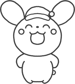 笑顔のうさぎのサンタ帽子を被ったイラスト クリスマス,サンタ帽,サンタクロース,12月,うさぎ,線画,白黒,モノクロ,主線,塗り絵のイラスト素材